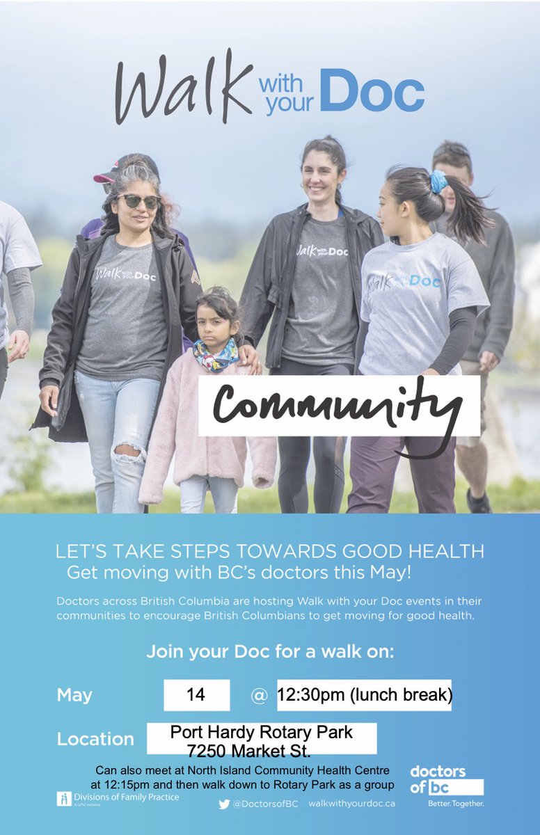 Come on out May 14 to our @DoctorsOfBC 'Walk With Your Doc' in #PortHardy northern #VancouverIsland - we will be joined by our physio leading a group stretch and then walk along Port Hardy's beautiful oceanfront #PhysicalActivity #HealthyLiving @BCFamilyDoctors @RuralRemoteDFP
