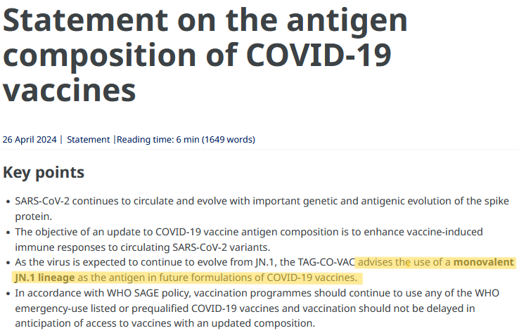 Nouvelle recommandation de l'OMS pour la mise à jour vaccinale :
la prochaine formulation devra s'appuyer sur un vaccin monovalent dirigé contre le lignage JN.1
(disponible dès l'automne 2024 ?)
who.int/news/item/26-0…