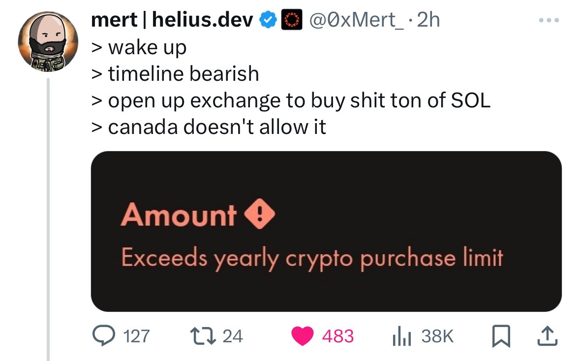 If you live in Canada, you have a “yearly crypto purchase limit” This is insane. Canada is not a free country