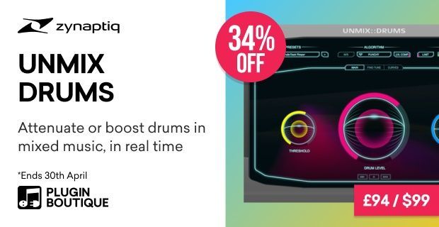 Take advantage of a 34% discount on Zynaptiq UNMIX::DRUMS. Offer valid until April 30th. 🔗 pluginboutique.com/product/3-Stud… (affiliate link) @zynaptiq