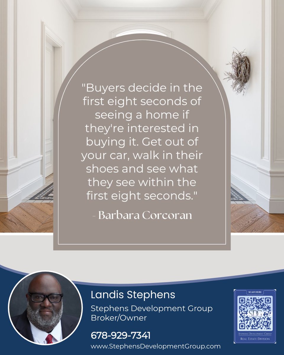 First impressions matter! According to real estate mogul Barbara Corcoran, buyers make up their minds in just 8 seconds! So, make sure your home is ready to charm from the moment they step inside!

#realestatequote #househunting #realestateadvice #propertyquotes #SDG