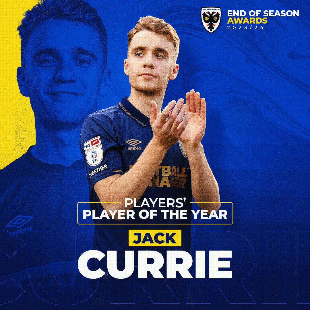 AFCWimbledon's tweet image. Congratulations to @jackcurrie26 who has won the Players’ Player of the Year award for our Men’s team 🏆 

#AFCW 🟡🔵