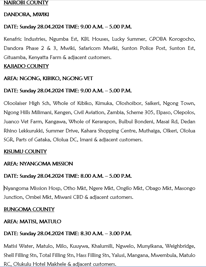 KenyaPower_Care's tweet photo. Good evening our esteemed customers, the following areas are scheduled for power interruption dated tomorrow (28/04/2024). https://t.co/tMpf6UGLZh