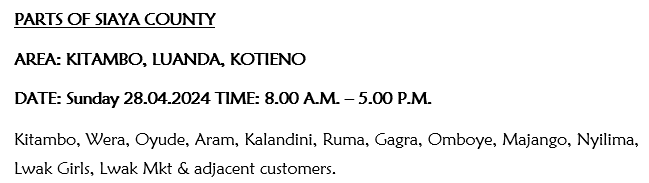 KenyaPower_Care's tweet photo. Good evening our esteemed customers, the following areas are scheduled for power interruption dated tomorrow (28/04/2024). https://t.co/tMpf6UGLZh