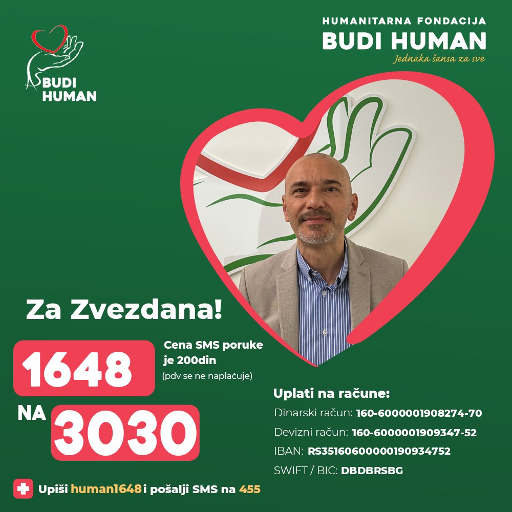 Pomozimo Zvezdanu!

Upišimo 1648 i pošaljimo SMS na 3030

budihuman.rs/korisnik/1648/…

#budihuman #jednakašansazasve