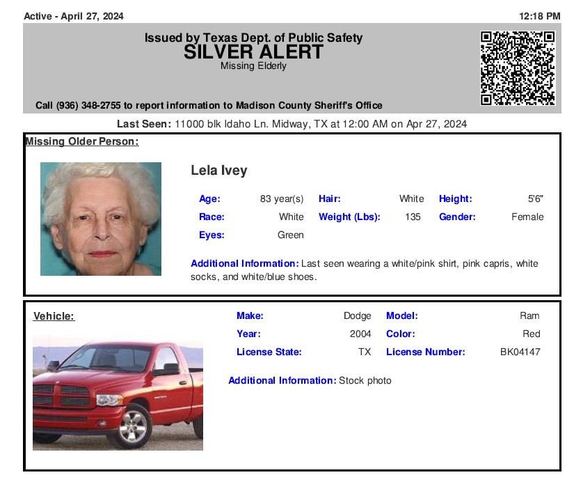 ACTIVE SILVER ALERT for Lela Ivey from Midway, TX, on 04/27/2024,Texas plate BK04147