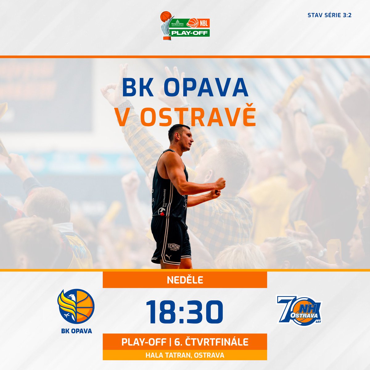 Už zítra nás od 18:30 čeká šestý zápas čtvrtfinále play-off na palubovce @nhostrava 👏
Přijďte nás podpořit do ostravské haly Tatran 🔥
#hejaopava #bkopava #playoff