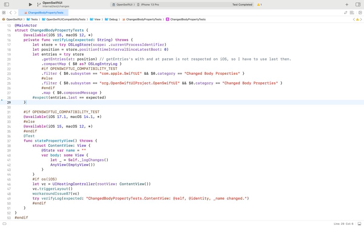 KyleSwifter's tweet photo. This week's OpenSwiftUI update:
- View._logChange() implementation
- And bonus time 🎉 the 100% Unit Test case for it :) https://t.co/P1DH23RCz4