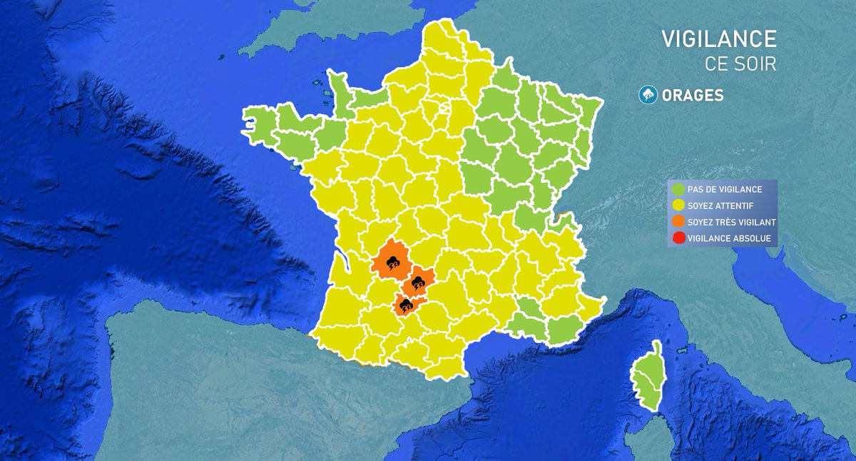 ⚠️VIGILANCE

CE SOIR
🟧 3 départements en vigilance orange
🟨 62 départements en vigilance jaune

🟠Paramètre en #vigilanceorange
⚡️Orages

🟡Paramètre en #vigilancejaune
🏔️Avalanches
💦Crues
🌧️Pluie-inondation
💨Vent