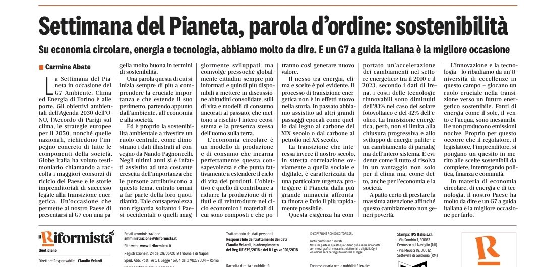 L'appuntamento di @ItaliaGlobe raccontato anche dalle pagine de @ilriformista. @conai @Corepla_Riciclo @BASF @EnelXItalia @claudiovelardi @CarmineAbate7