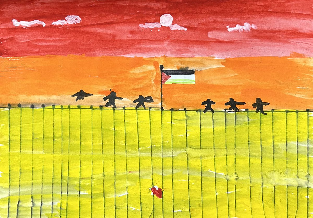 My 10 year old son Abdullah prays for #FreePalestine In this painting, he portrays the end of siege of #Gaza and a new dawn of #Palestinian independence InshaAllah