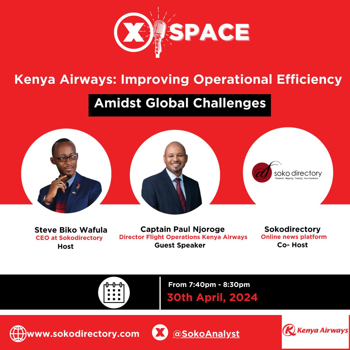 On Tuesday, @SokoAnalyst will be hosting Captain Paul Njoroge from @KenyaAirways talking about operational efficiency amidst challenges. Put down your questions!