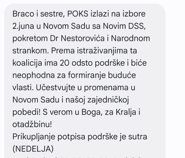 Građani Novog Sada koji su primili ovakvu SMS poruku su obmanuti! Narodna stranka neće biti deo ove koalicije u Novom Sadu, mi smo radili na tome da cela desnica bude na okupu ali je 'produžena ruka' iz Beograda razbila to jedinstvo. @StrankaNarodna