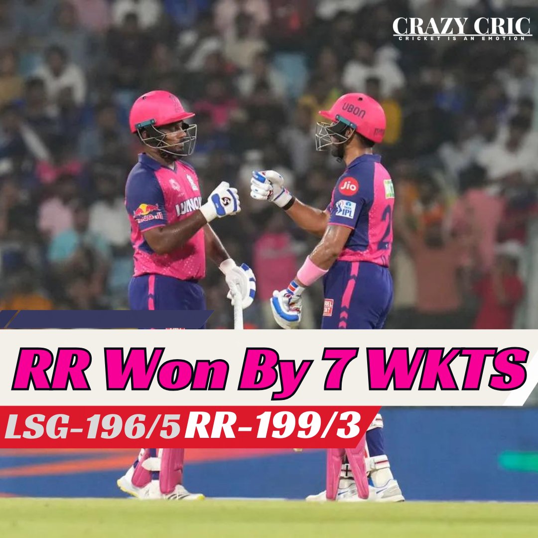 RR triumphs with a commanding 7-wicket win over LSG! 🏏🎉 Stellar performance on the field secures another victory for the Royals! 
#RajasthanRoyals #RRvsLSG #KLRahul #SanjuSamson #Jurel #AmitMishra