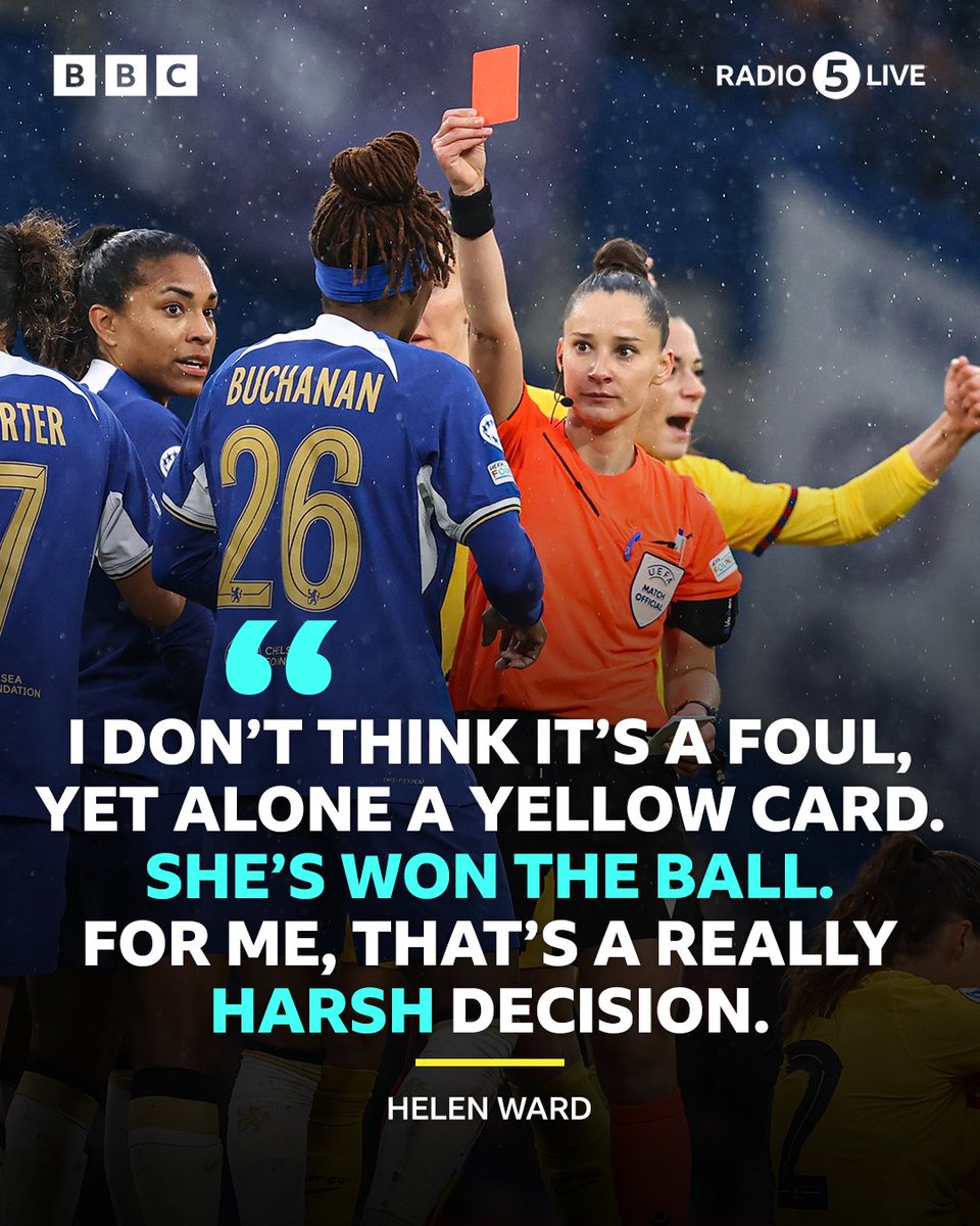 5liveSport's tweet photo. How much will the sending off of Kadeisha Buchanan change the game?
Listen to live commentary of the #UWCL on @BBCSounds 📲 https://t.co/5ZzMPM0BVn
#BBCFootball #CFCW #FCBFemini https://t.co/1MzleCreAz