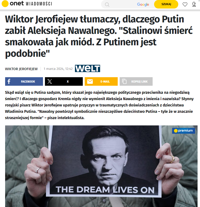 Ukraińska prawda cytuje Wall Street Journal, że zdaniem amerykańskiego wywiadu prezydent Putin nie kazał zabić Nawalnego. 

Bardzo cenię polskie środowisko medialno/eksperckie, które wydaje wiarygodne analizy, profesjonalnie, na chłodno, nie pozwalając, aby emocje wpływały na…