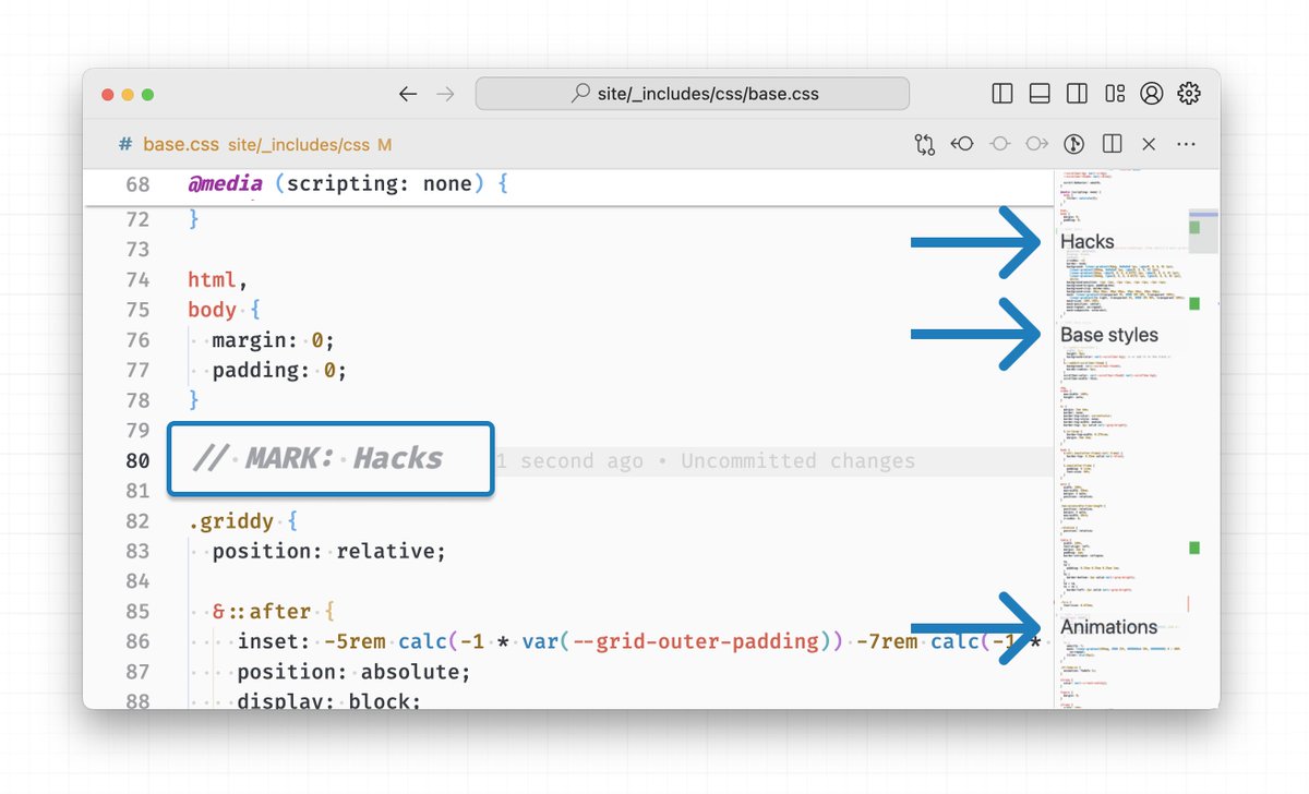 stefanjudis's tweet photo. Alright, real talk: I have @code's minimap disabled because it only looks fancy. But the new ability to set marks might make me reconsider.

`// MARK:` and `//#​region` should work in the newest version. https://t.co/ml83j7JX5M