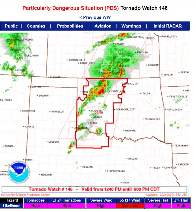 Un PDS (situation particulièrement dangereuse a été émit à l'ouest de l'Oklahoma. Notamment pour le risque de forte tornades durable et de grosse chute de grêle, je ne serais pas surpris qu'un autre PDS englobe le centre et l'Est de l'état dans les minutes à venir..
