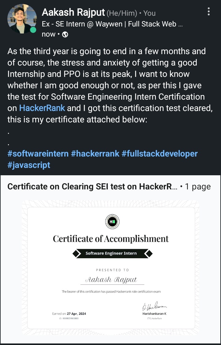 I am currently running low on self-esteem as my third year gonna end soon and want to get a good Internship so decided to give this test on @hackerrank in hope that any founder or company find me eligible now😭😭 Proving myself in Development ke saath saath Probelm Solving.