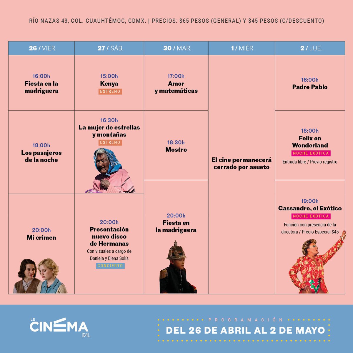 🍿Cine l ¿Te gusta el cine francés?

Te compartimos la cartelera de @_lecinema del viernes 26 de abril al jueves 2 de mayo.

🎞 Info swll.to/2XUYwq
🎟Boletos de venta en taquilla
🗣Todas las películas tienen subtítulos en español
📍Río Nazas 43, Col. Cuauhtémoc