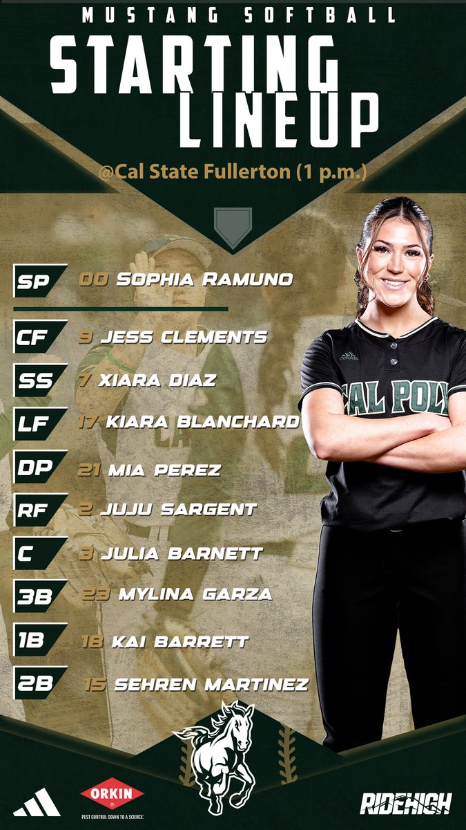 Cal Poly opens its three-game series at Cal State Fullerton at 1 p.m. on ESPN+. The Mustang starting lineup to get things going in game No. 1 versus the Titans ... #RideHigh 📺espn.com/espnplus/playe… 📊fullertontitans.com/sidearmstats/s…