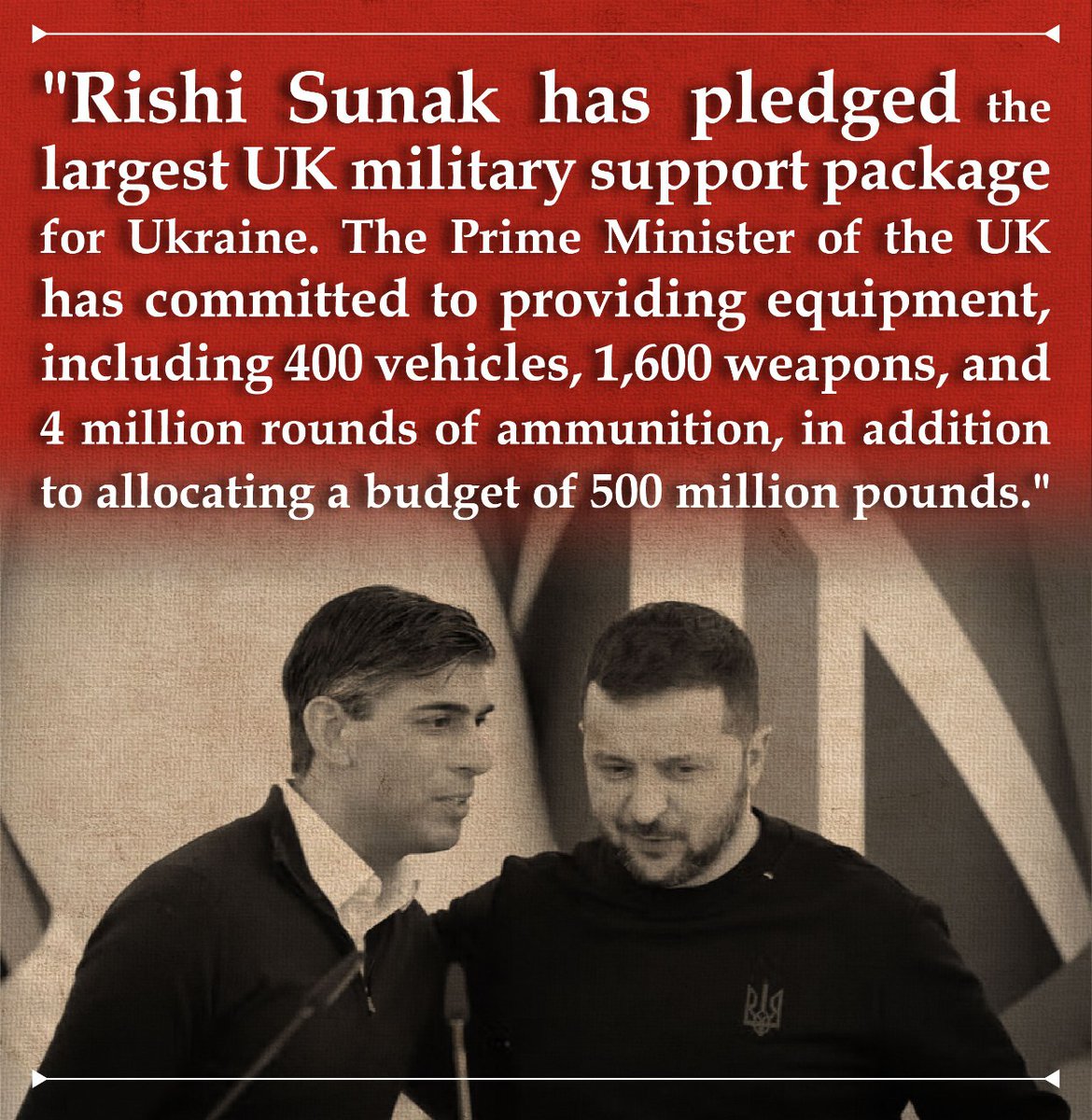 Rishi Sunak has pledged Britain's biggest military support package for Ukraine. The British Prime Minister has pledged to provide equipment including 400 vehicles, 1,600 weapons and 4 million bullets,in addition to allocating a budget of 500 million pounds. #scottishindependence