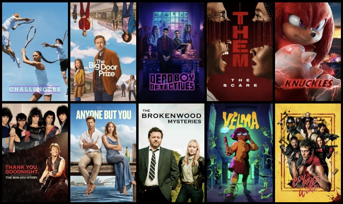 Here's what's new this weekend:

#ChallengersMovie 
#TheBigDoorPrize S2
#DeadBoyDetectives 
#ThemTheScare S2
#KnucklesSeries 
#ThankYouGoodnight The Bon Jovi Story
#AnyoneButYou (Netflix)
#TheBrokenwoodMysteries S10
#Velma S2
#BoyKillsWorld