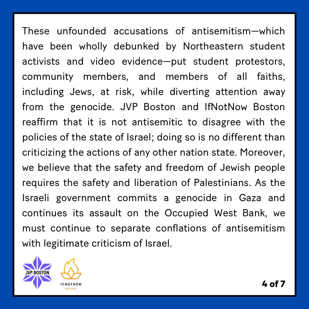 Jewish Voice for Peace (JVP) Boston and IfNotNow Boston stand in full support of Northeastern student activists disciplined by university administration and activists arrested by the Boston Police Department. Read our full statement here at: JVP-Boston.org/solidarity.