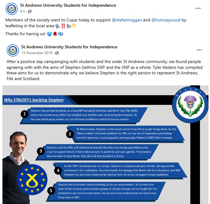 The same St Andrews Uni Students For Indy group which backed Sturgeonite NuSNP grifter Stephen Gethins of dodgy connections, who fucked over support in N E Fife from GE2015 to losing the seat in GE19 - another one who never mentioned INDEPENDENCE in his GE17 & GE19 campaigns.