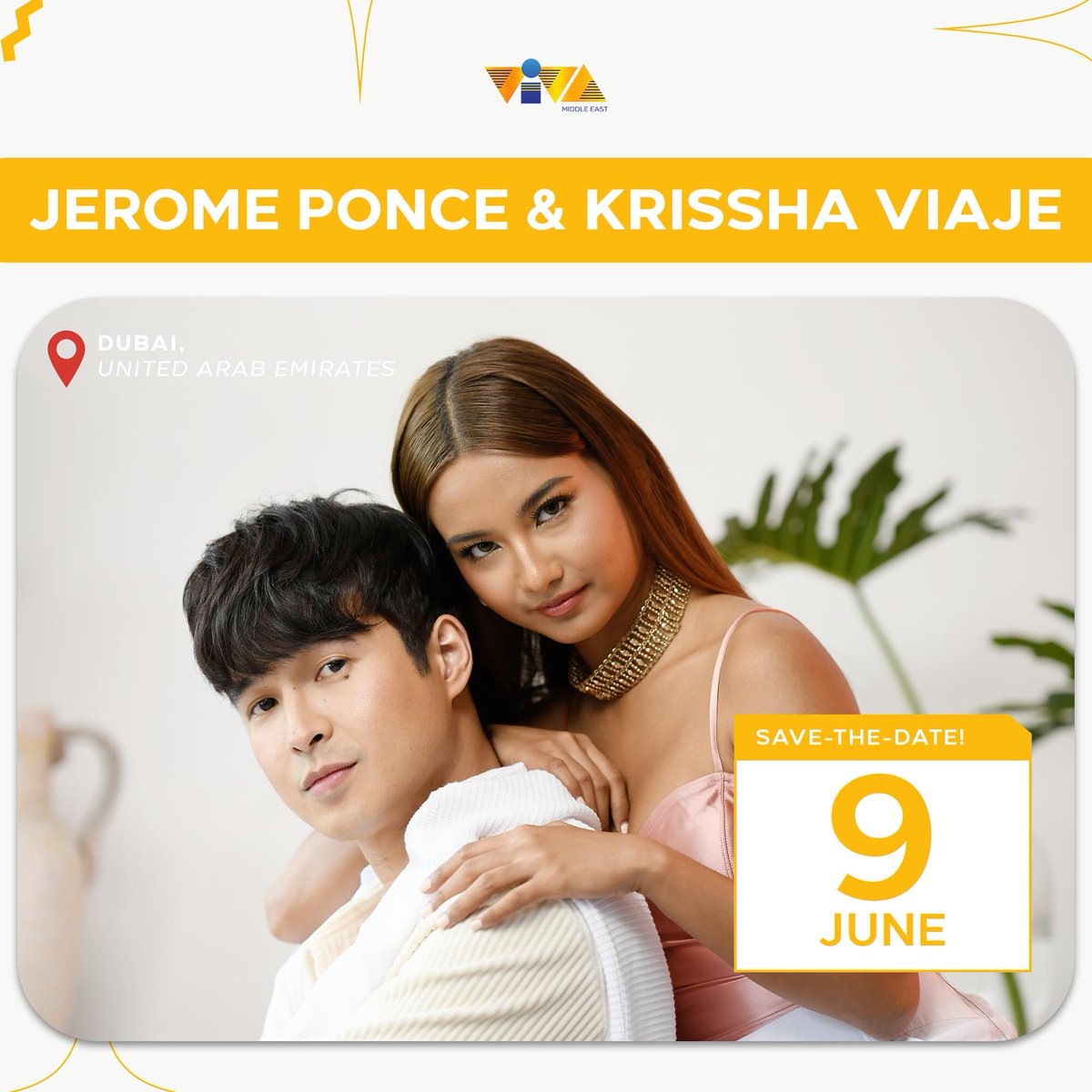 [📷] 042724 | #KrisshaViaje and Jerome Ponce live at Dubai this June 9 
 
'Makikisaya na ang #KrisshRome sa darating na Araw ng Kalayaan celebration sa DUBAI! Samahan sina JEROME PONCE at KRISSHA VIAJE this JUNE 9 at Saeed Hall 1, Dubai World Trade Centre, UAE'

©️ Viva Mid East