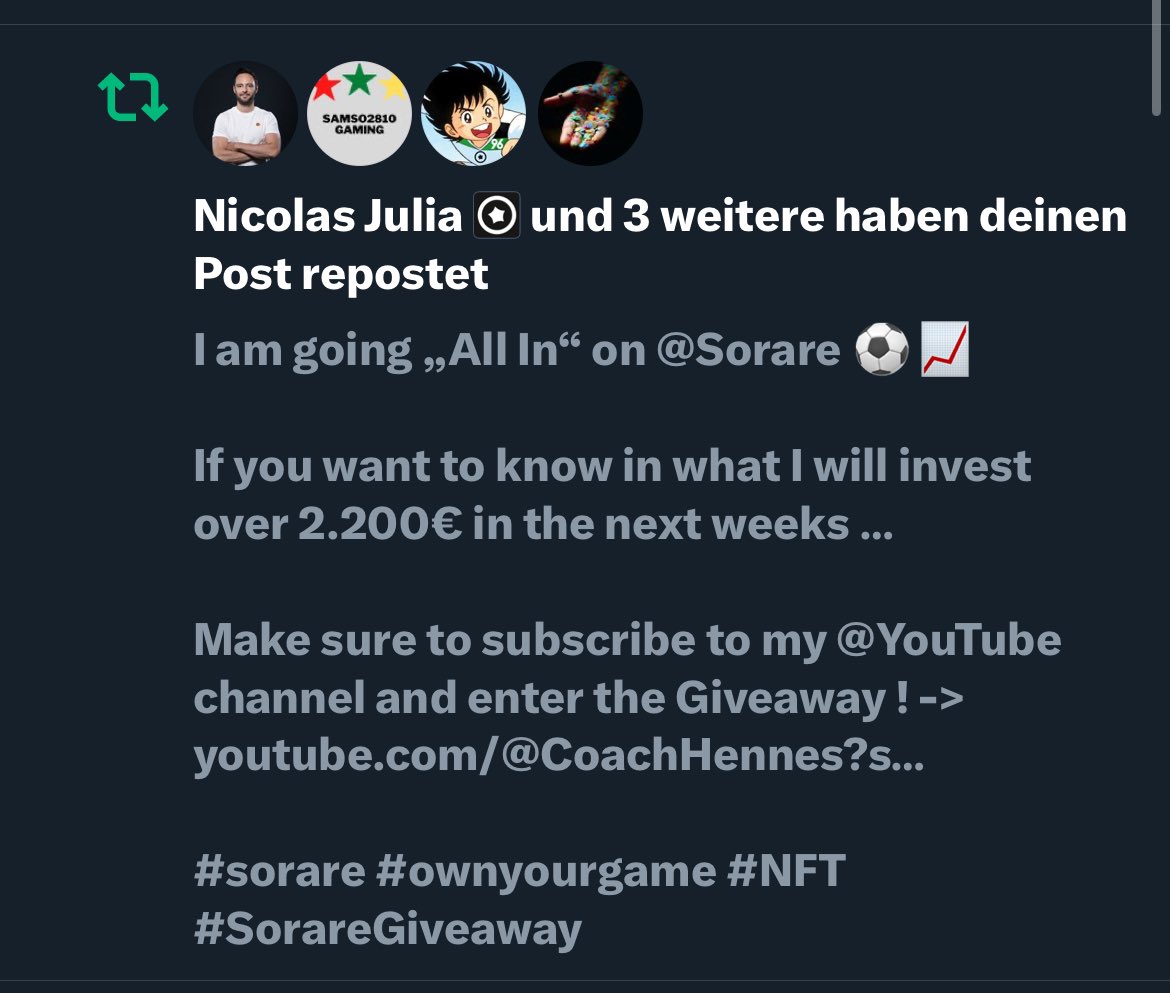 And then the CEO is coming and supports as well 😎

That’s the reason why this Game/ Company (@Sorare) is so fascinating for me 👆❤️

Really motivates me to make the best content possible 🖖

#sorare #ownyourgame #NFT #NFTCommmunity #CryptoCommunity #SorareGiveaway