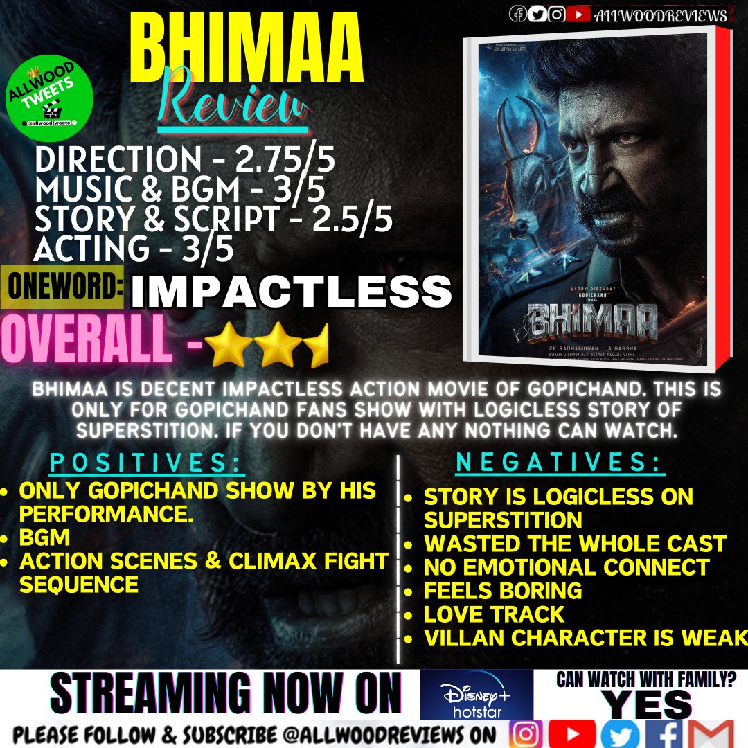 #BhimaaReview: 2.5/5
OneWord: IMPACTLESS
.
Positives:
👉 #Gopichand performance
👉 #RaviBasrur BGM
👉Action

Negatives:
👉 Logicless
👉 No emotional connect
👉Boring
👉Weak Villain

Streaming on @DisneyPlusHS

#Bhimaa #PriyaBhavaniShankar #MalvikaSharma

Follow us #allwoodreviews