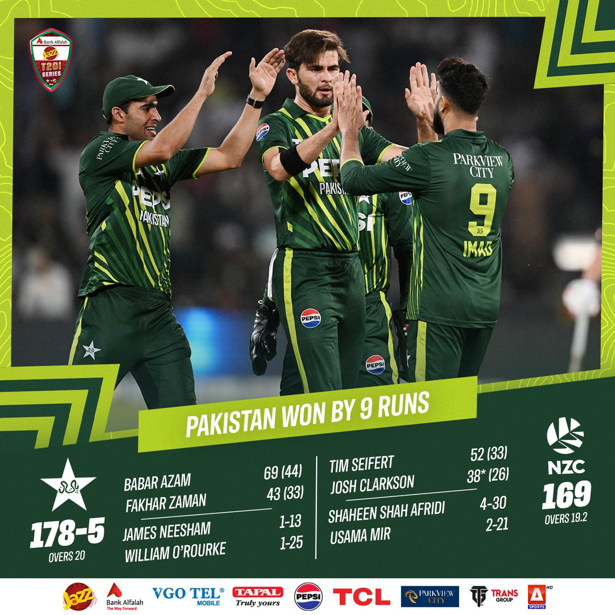 Pakistan clinch the final T20I by 9️⃣ runs 🙌 Outstanding performance by the bowlers to defend 178 💫 #PAKvNZ | #AaTenuMatchDikhawan