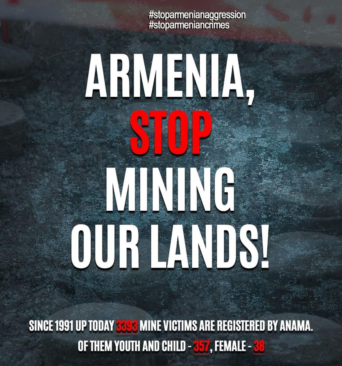📍In the last three years, more than 300 Azerbaijanis became victims of Armenian #mineterror. The number of #mines buried by #Armenia in #Azerbaijan is more than 1.5 million.
#Armenianaggression 
#armenianterror