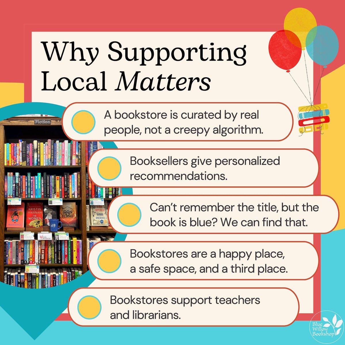 BlueWillowBooks's tweet photo. By choosing local when we can, we can create change together. ❤️
#ShopSmall #IndieBookstoreDay https://t.co/IXUrripVoS