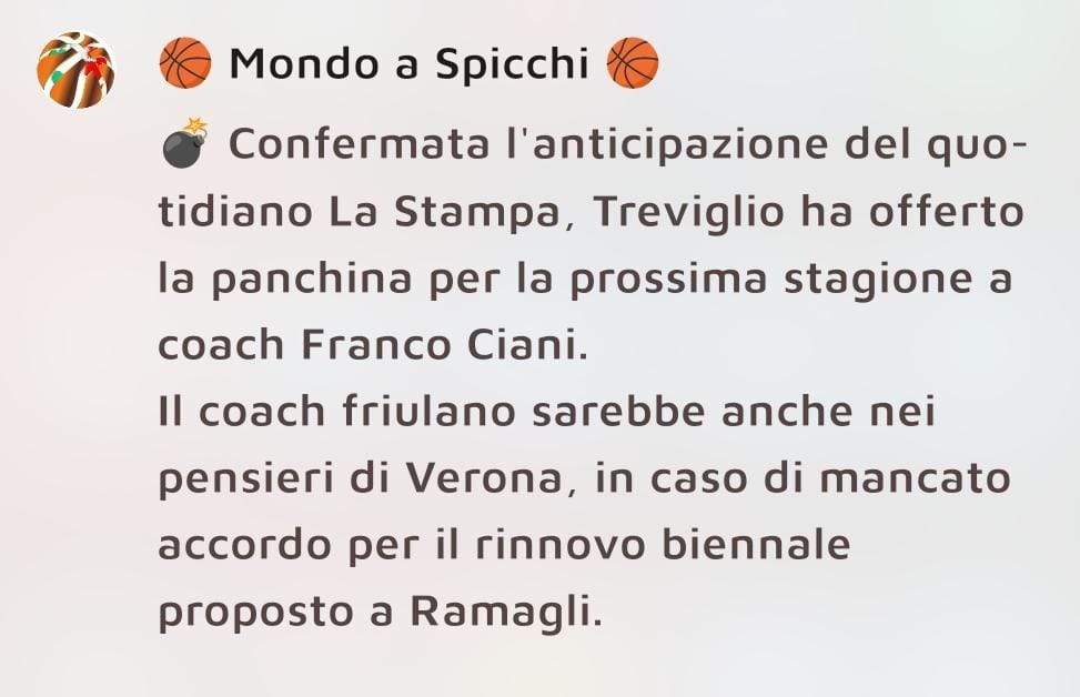 Per @ASpicchi ci sarebbe anche la #ScaligeraVerona a corteggiare coach #FrancoCiani.

#BasketTorino #Torino #RealeMutua #RealeMutuaTorino #IgnoranzaGialloBlu #PalaRuffini #PalaGianniAsti #Ruffini #GiornataCruciale #GiorniChiave  #SettimanaDecisiva #LNP #LaNostraPassione #LnpPass