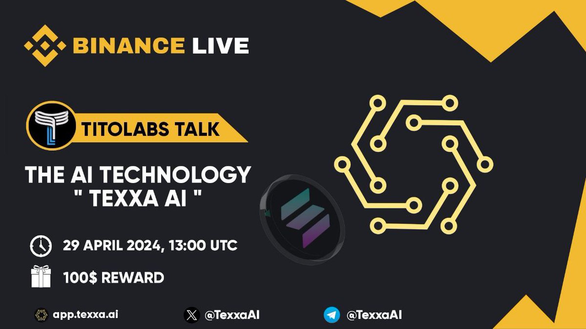 Titolabsglobal's tweet photo. We are excited to announce our next AMA with @TexxaAI
29 APRIL 2024, 13:00 UTC 

Venue : https://t.co/w2aO2FaaJU
Prize : 100$
 
You must follow @TexxaAI and @Titolabsglobal like,retweet and comment on this project

#CryptoCommunity #Giveaway #AMACrypto #solana https://t.co/bEAAOLkjSh