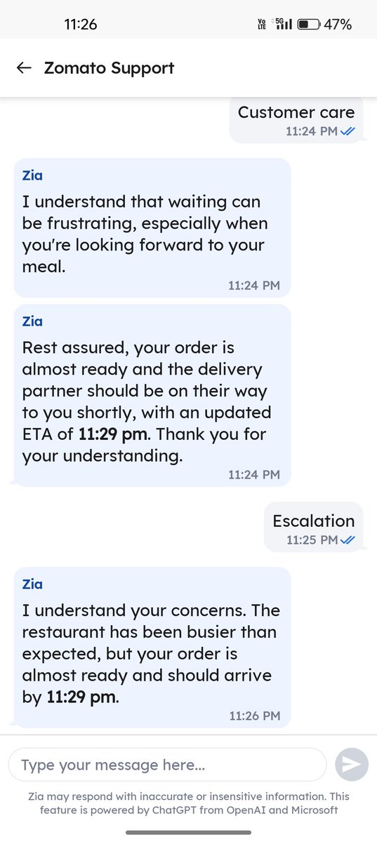 AnokheeMalde's tweet photo. @zomato @zomatocare Waiting for my order past 1 hour. Delivery partner is still not at the restaurant for pick up. Rude behaviour from them stating 'Udke to nahi jaunga na'. Absolutely no way to talk to a support representative in this era of AI chat support. https://t.co/wtJZPSoHwU