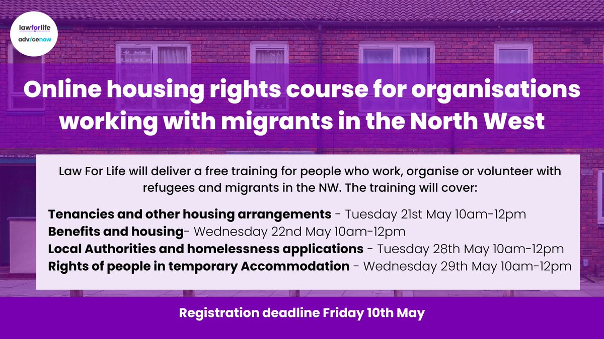 This is going to be a really useful (and free!) training for organisations in the North West region. For more information and to sign up click here 👇 advicenow.org.uk/lawforlife/new…