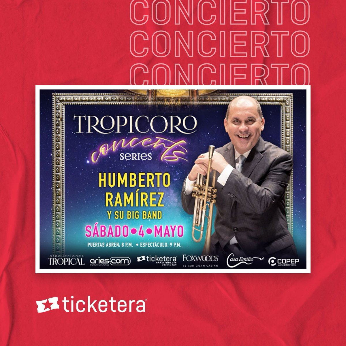 ¡A disfrutar de un banquete musical con Humberto Ramírez! 🎺🎶 El maestro llega con su orquesta y ritmos como el jazz latino y mucho más. Para boletos accede a ticketera.com/humbertoramire… 🎟️ #Ticketera #HumbertoRamirez