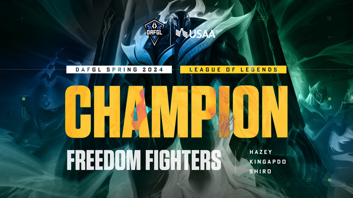 Congratulations to our DAFGL Spring 2024 League of Legends ARAM champions: Freedom Fighters — Hazey, Kingapdo, Shiro ❄️👊