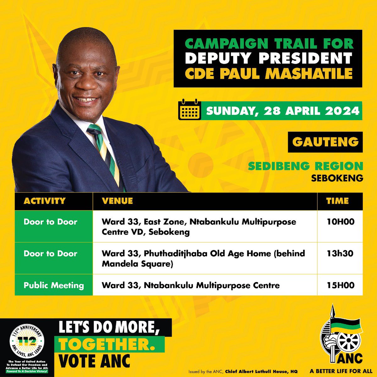 Tomorrow the ANC Deputy President, Cde Paul Mashatile will lead the campaign trail in Sedibeng, Gauteng. #VoteANC #VoteANC2024 #LetsDoMoreTogether