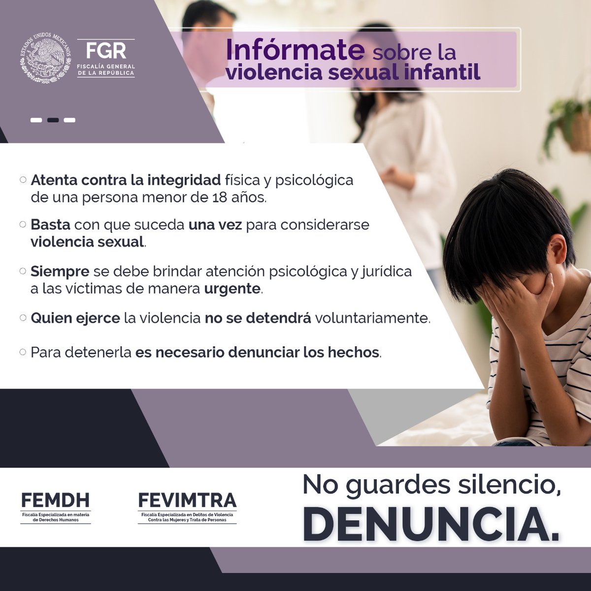 Contribuye a erradicar uno de los delitos que transgrede los #DDHH de niñas, niños y adolescentes, la #ViolenciaSexual infantil. #Denuncia: @AAMBER_mx #FEVIMTRA.