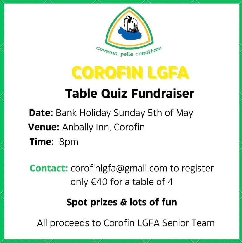 Join us for a fun-filled Quiz Night 🧠✨! Help support our Ladies Senior team by testing your knowledge and having a blast with friends. Gather your team and join us for a night of trivia & prizes.

📅 Sunday 5th May
⏰ 8:00pm
📍Anbally Inn 

#QuizNight #SupportOurTeam