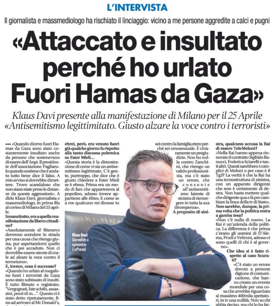“Attaccato e insultato perché ho urlato fuori #Hamas da #Gaza”. Il racconto di @KlausDavi 
LEGGI 👉🏻 la mia intervista 📰 su @tempoweb 🗞️ #27aprile #25aprile2024