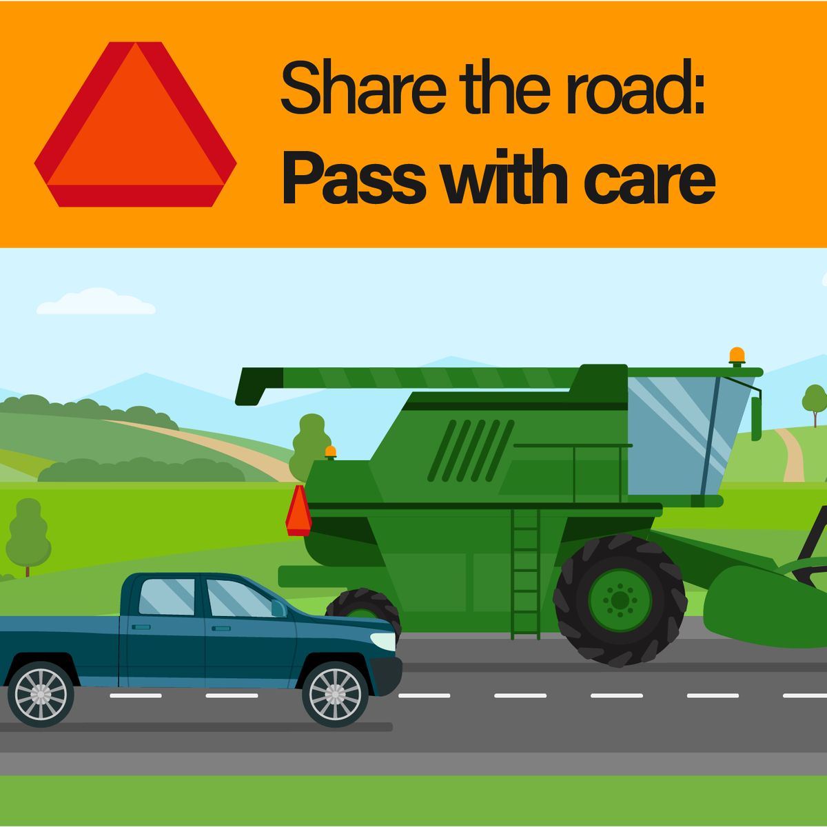 Pass farm vehicles with caution: Make sure the tractor isn’t trying to make a left turn before you pass on the left.  bit.ly/3UxNPgk #ShareTheRoad #FarmVehicles