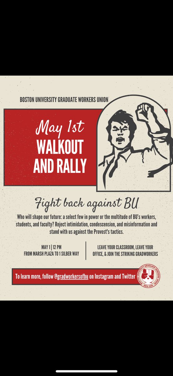 gradworkersofBU's tweet photo. May 1st rally is approaching ! Grads, undergrads, and faculty - whose side are you on? https://t.co/Lo5qMh0nTO