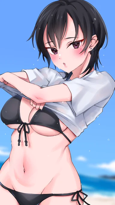 明日もなんだか暑いそうなのでTシャツを脱ぐしっとりしたお姉さんを描きました。納涼。 