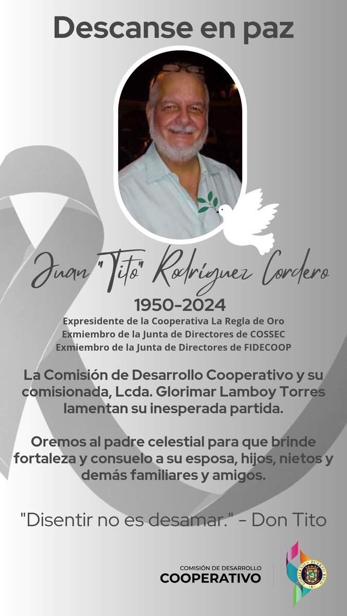 CDCOOPPR's tweet photo. Hoy descansa junto a Dios, pero su enorme aportación al movimiento cooperativo queda viva en nuestras memorias y para la historia. Gracias por sus consejos, su alegria y su don de gente, Don Tito. Descanse en paz. ✝🕊 https://t.co/4pm3PcWc0t