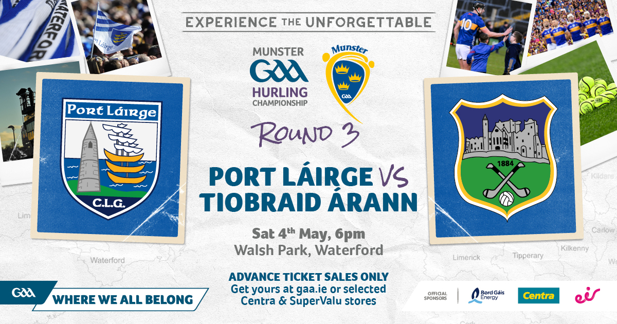 Waterford play Tipperary in Rd 3 of the @MunsterGAA Senior Hurling Championship on Sat May 4th at 6pm in Walsh Park Waterford. 🗓️Sat 4th May ⏰6:00pm 🏟️Walsh Park, Waterford